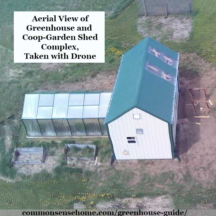 overhead view of greenhouse attached to coop garden shed combination
