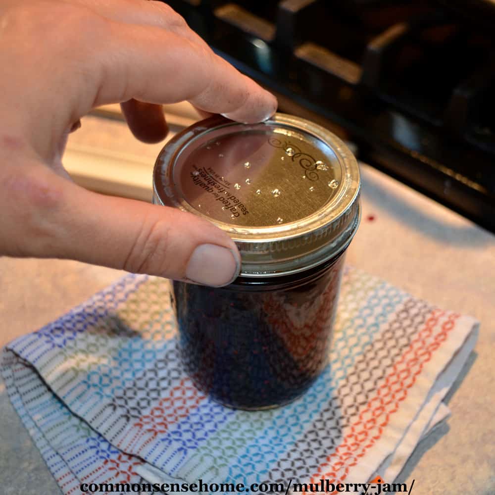 screwing lid on jar of mulberry jam