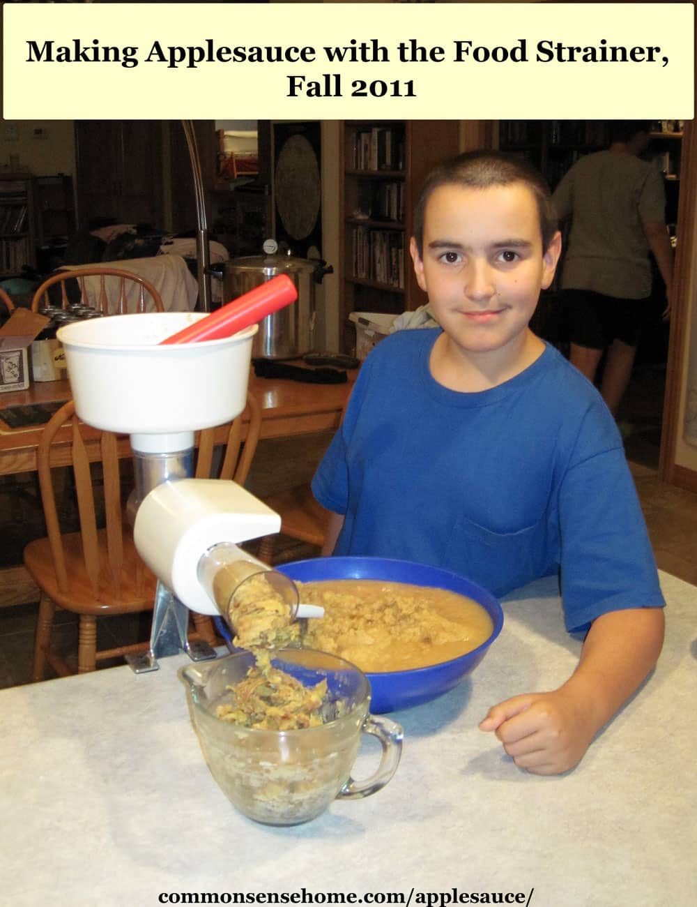 boy making homemade applesauce