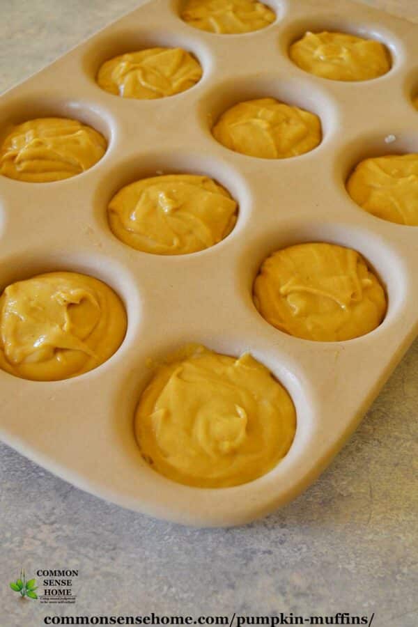 unbaked pumpkin muffins in stoneware pan