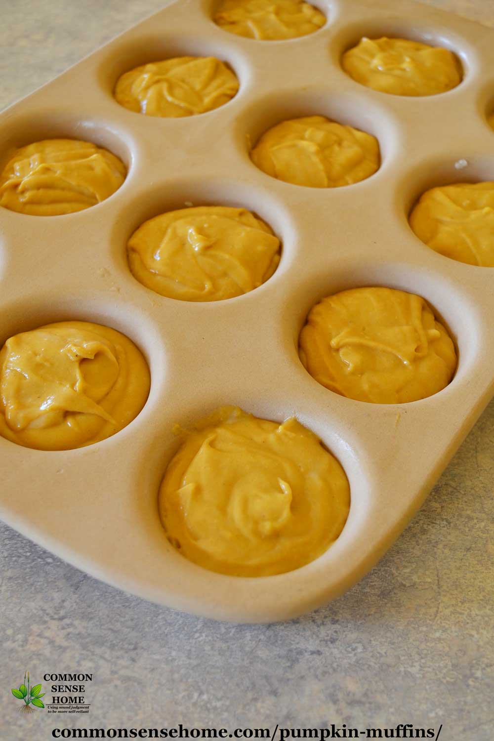 unbaked pumpkin muffins in stoneware pan