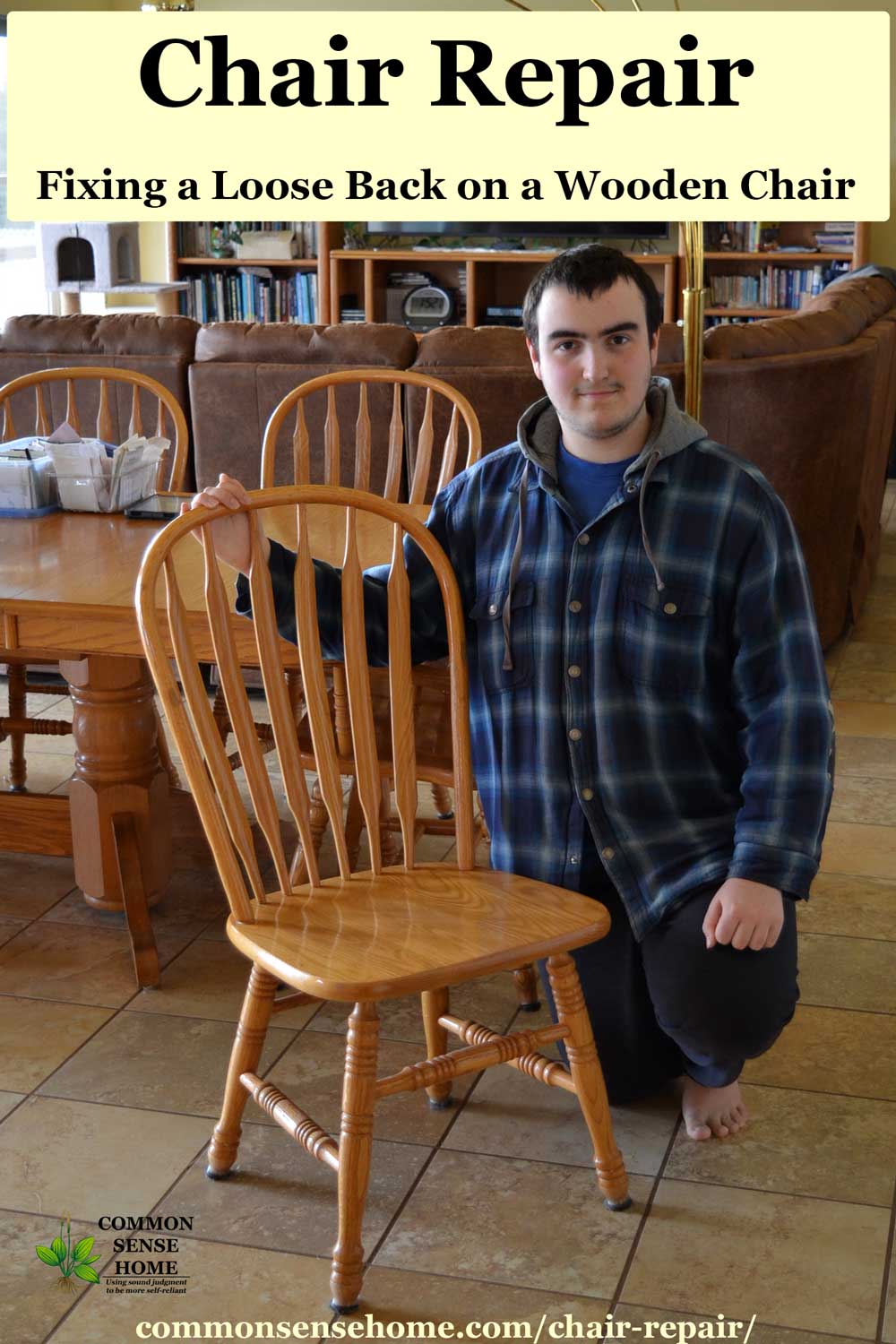 young man with wooden kitchen chair