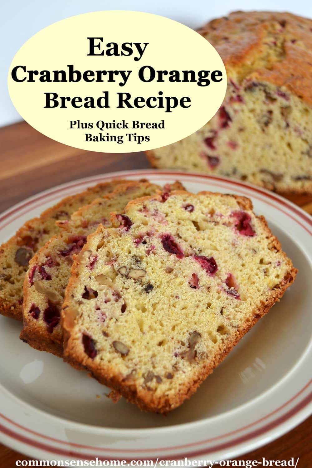 sliced homemade cranberry orange bread on plate