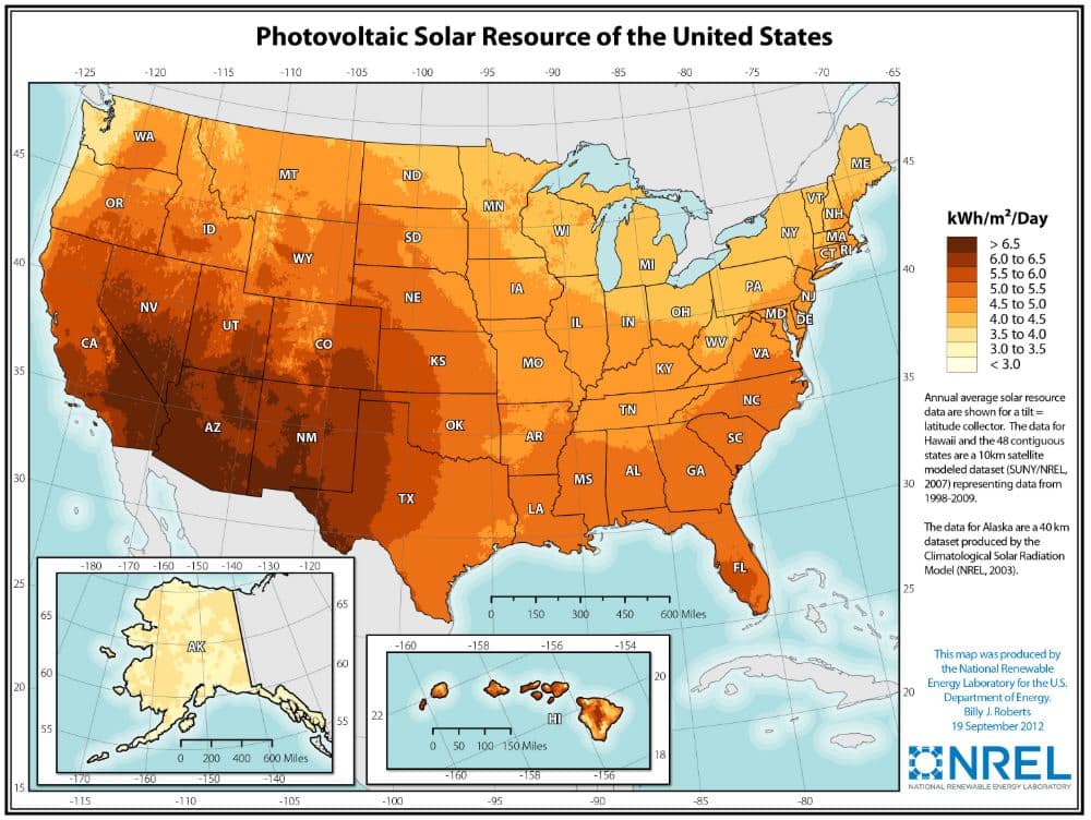 Photovoltaic Resource of the united States map from NREL