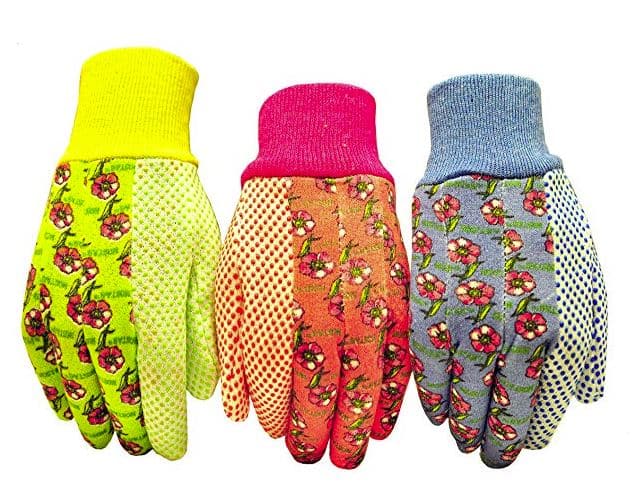 brightly colored garden gloves