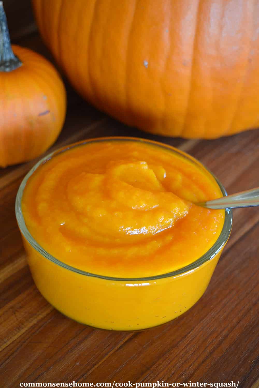 bowl of pumpkin puree with pumpkins in background