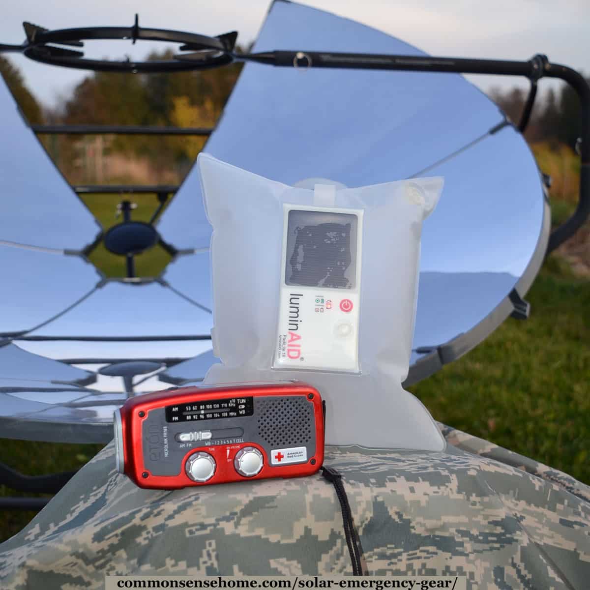 solar emergency gear - radio, luminaid light, solar cooker