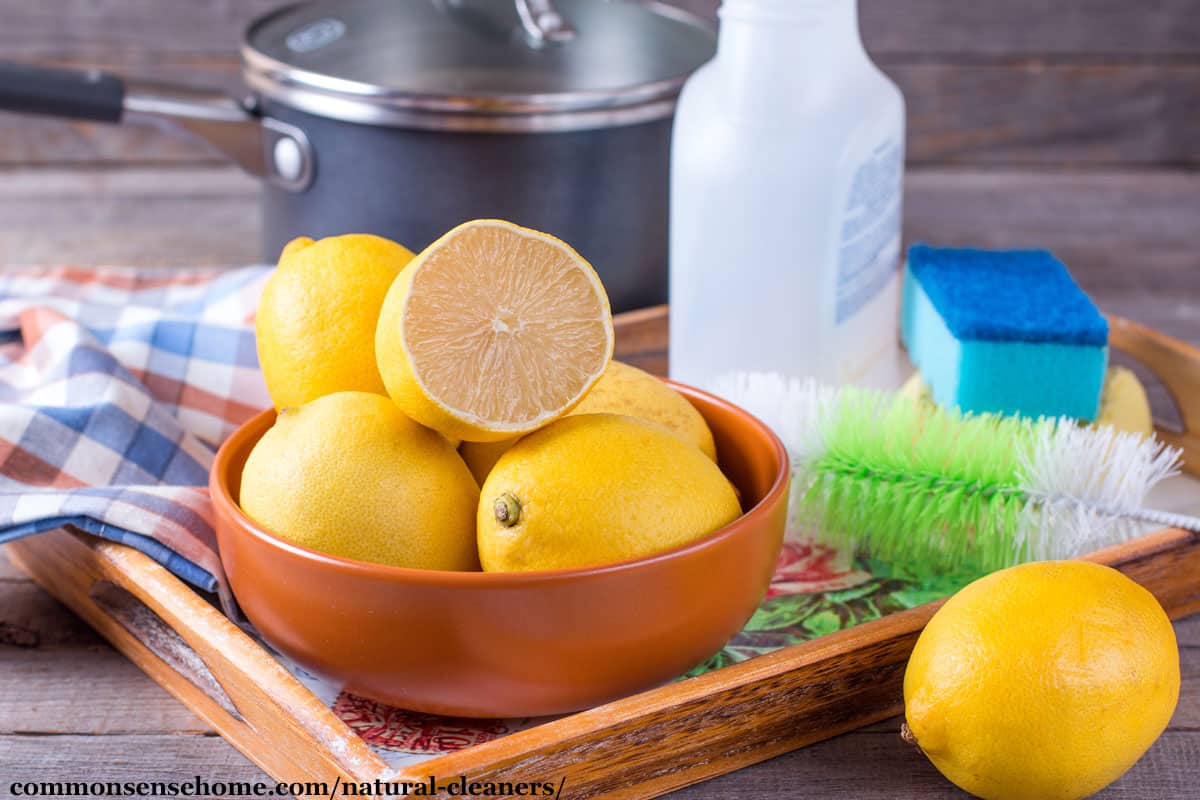 lemons, spray bottle, scrubbers