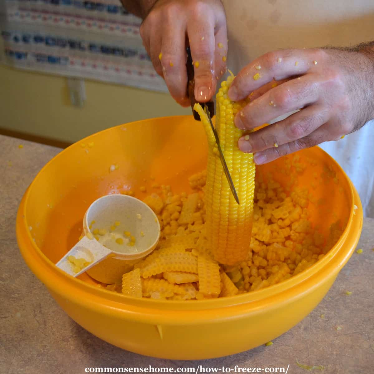 cutting corn kernels off the cob