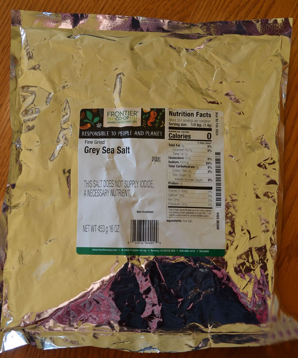 bulk grey sea salt in Mylar bag