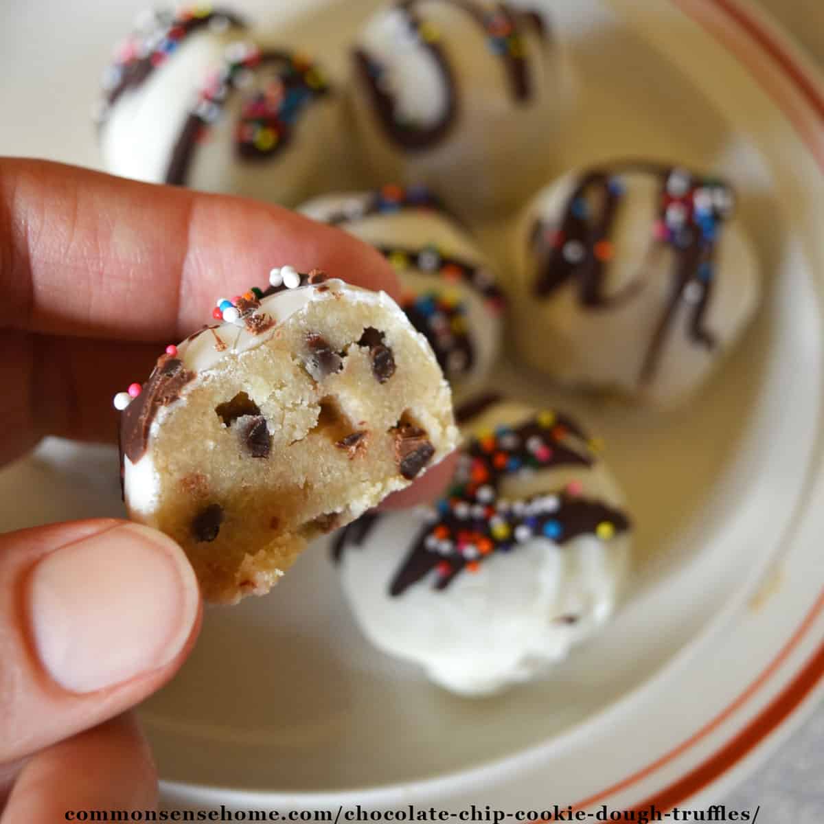 white chocolate dipped chocolate chip cookie dough truffle