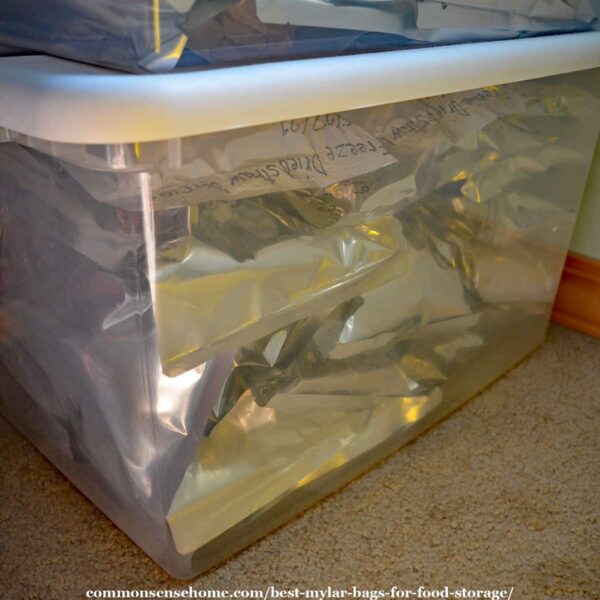 Mylar food storage bags in clear tote