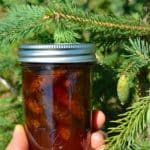 text "pinecone jam" with hand holding jar of pinecone jam