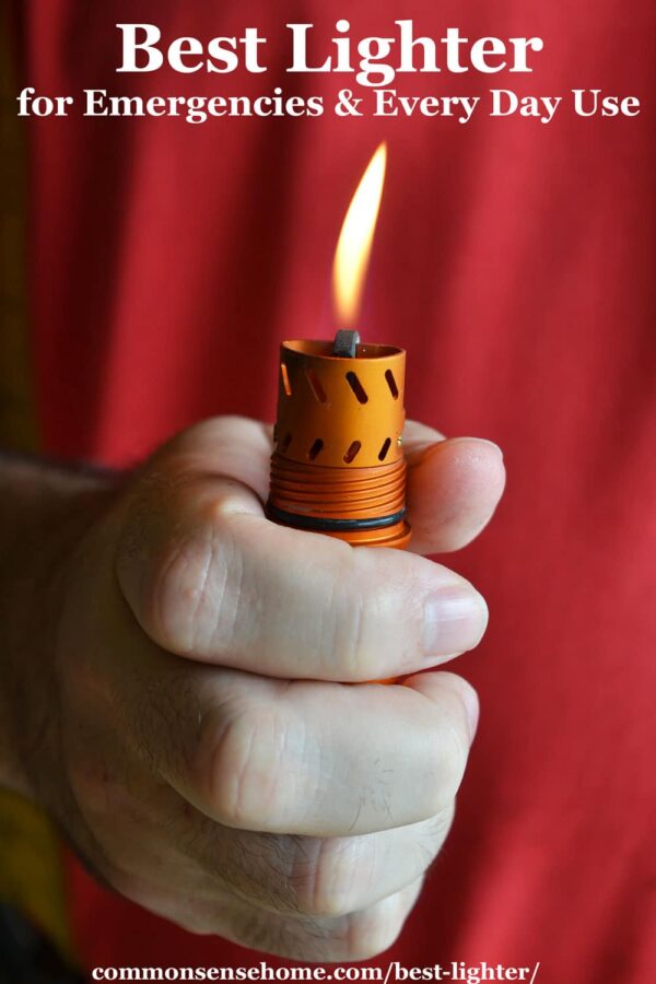 text at top "Best Lighter for Emergencies and Every Day Use" with hand holding light lighter and red shirt in background