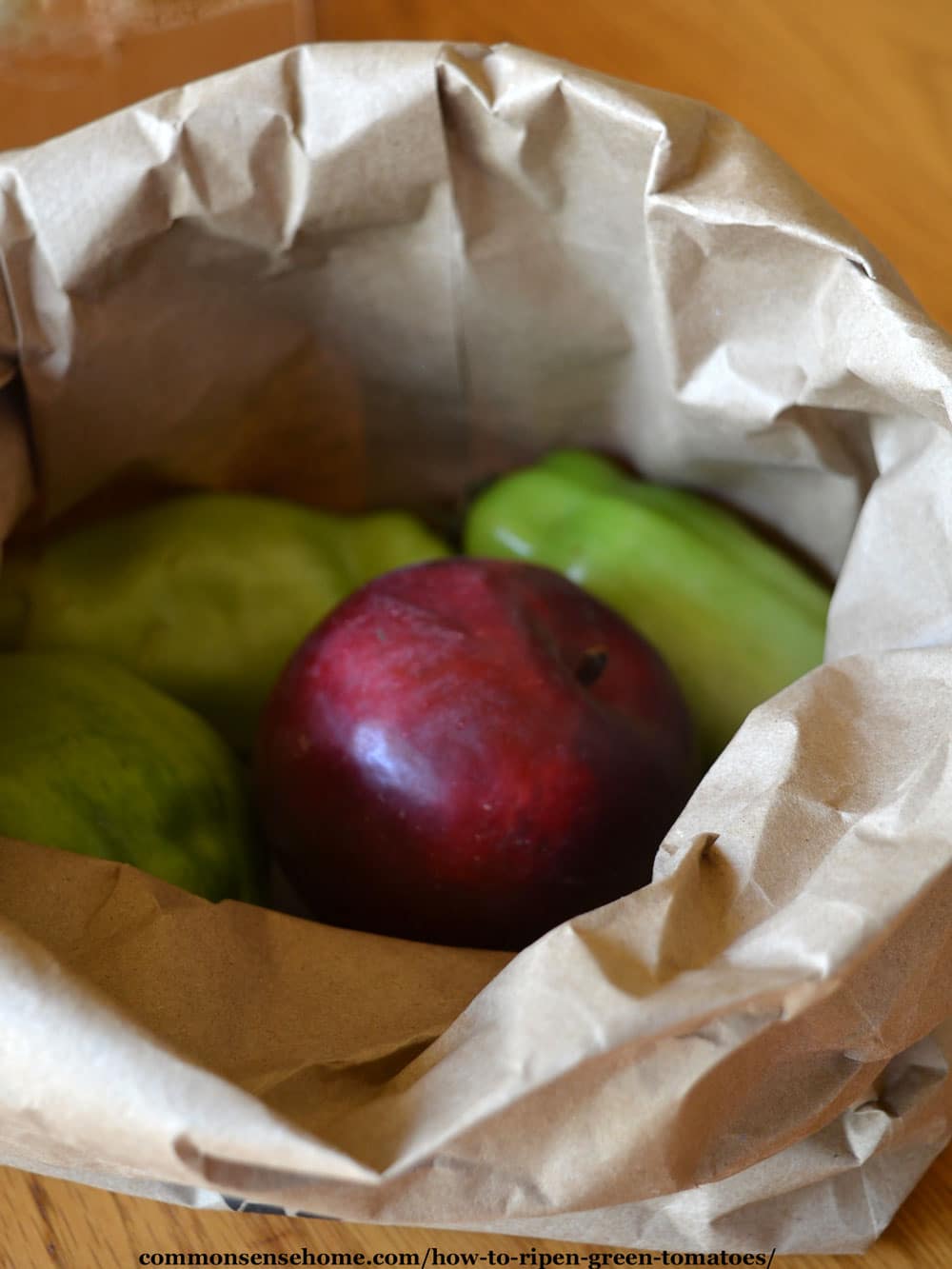 green tomatoes in paper bag with apple