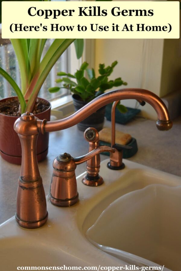 Text at top "Copper kills Germs (Here's How to Use it At Home)" with copper faucet