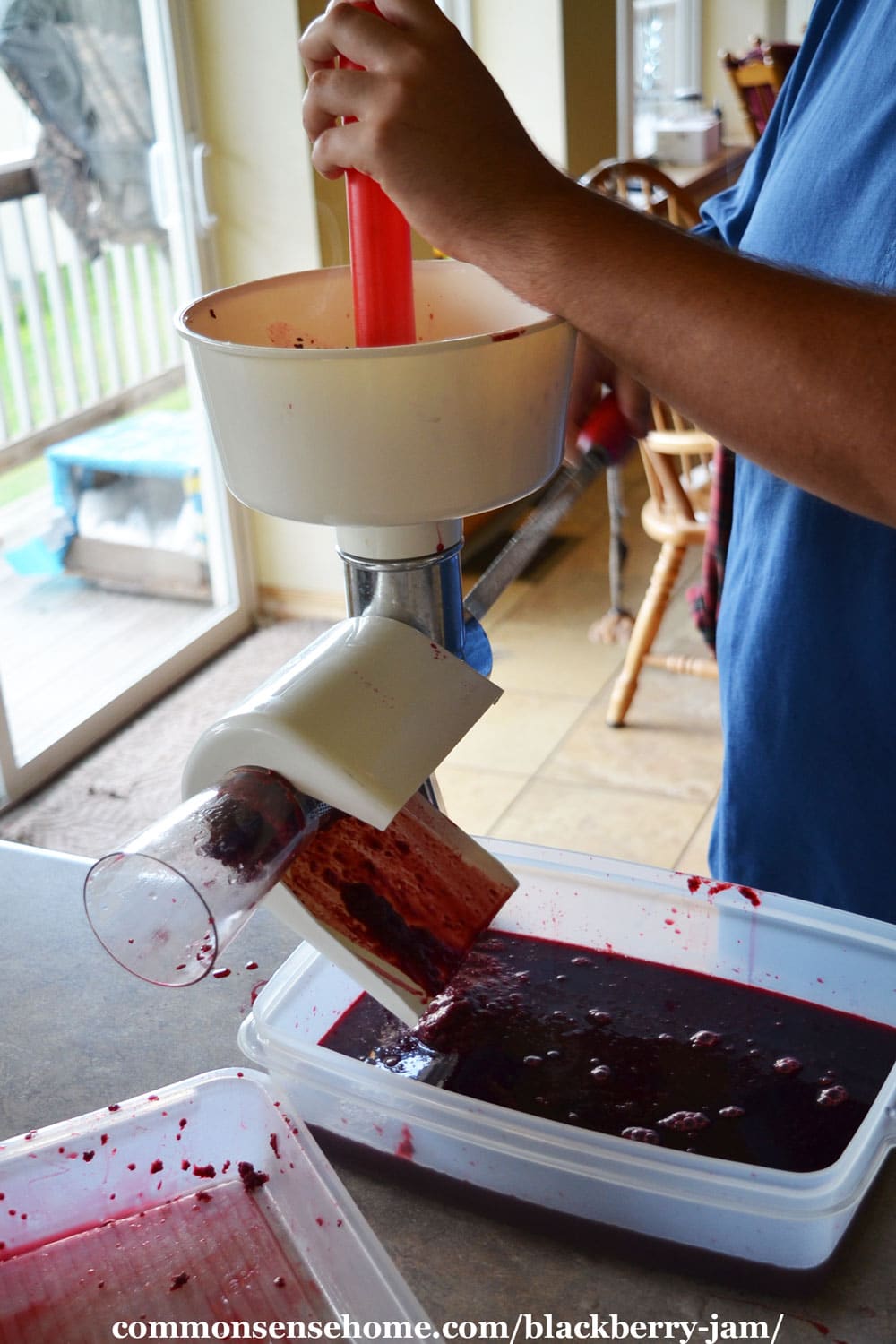 straining out blackberry seeds with a food strainer