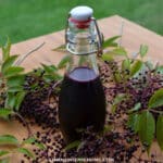 homemade elderberry syrup in swing top bottle