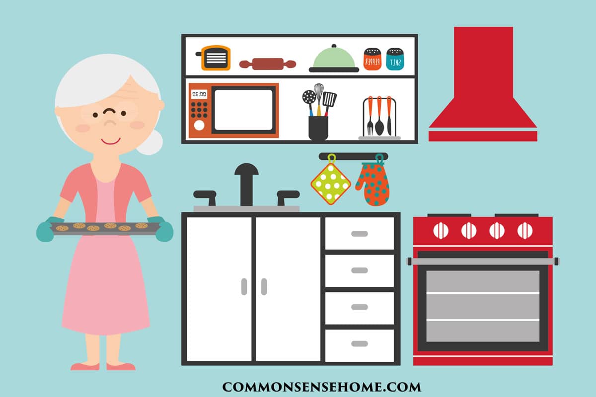 cartoon baking grandma with tray of cookies in kitchen