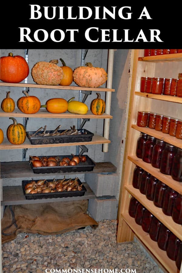 wooden shelves in a root cellar with stored food
