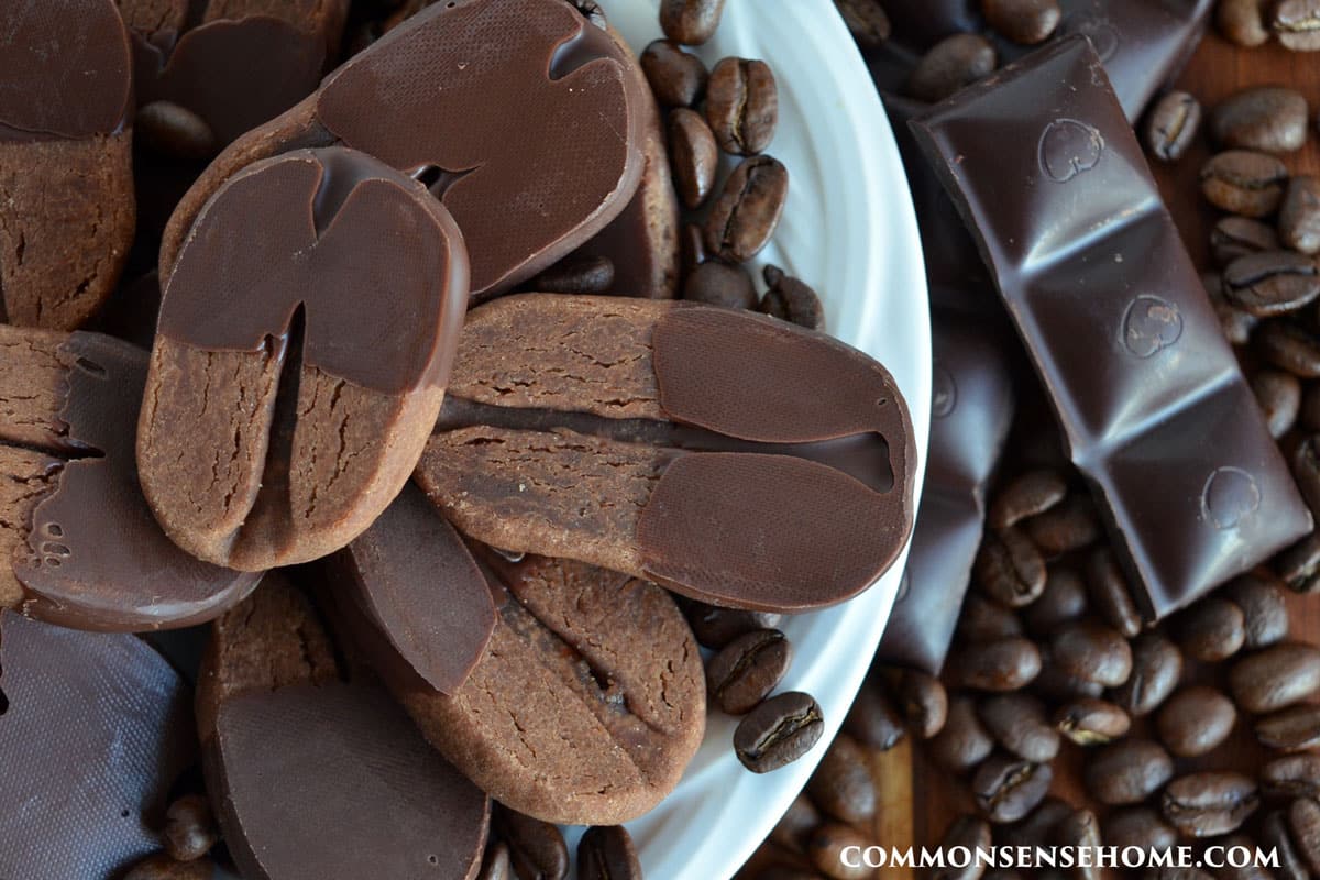 chocolate coffee cookies with coffee beans and chocolate bar pieces