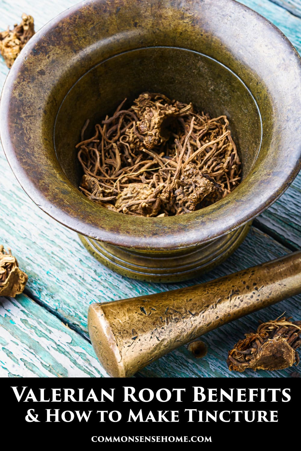 dried valerian root in antique copper bowl