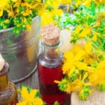 bright red St. John's Wort infused oil with yellow St. John's wort flowers