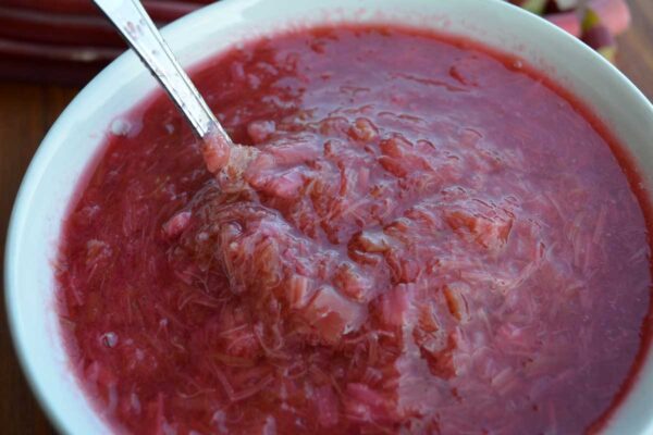 bowl of red rhubarb sauce