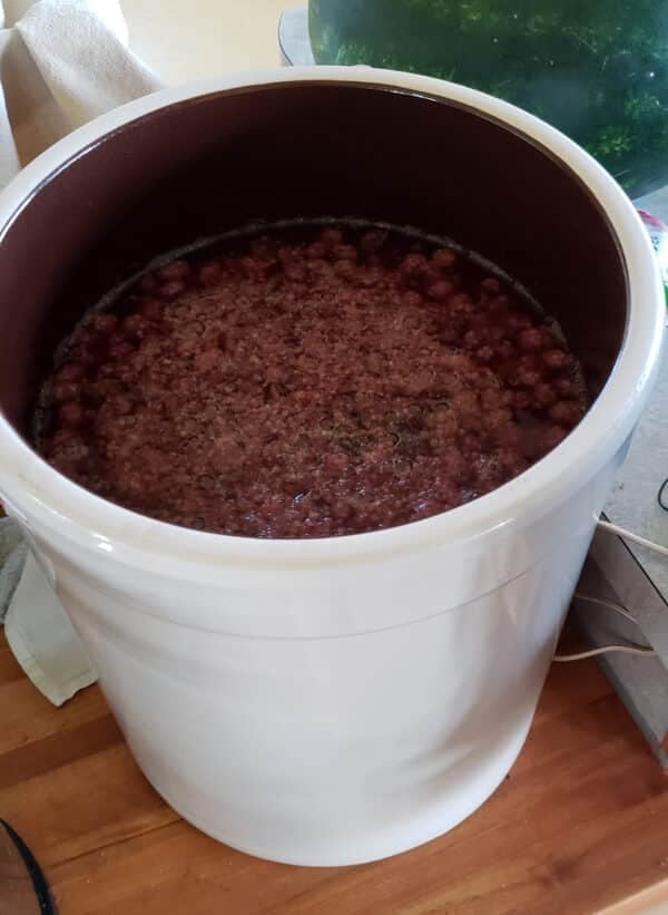 Crock with homemade blackberry wine must