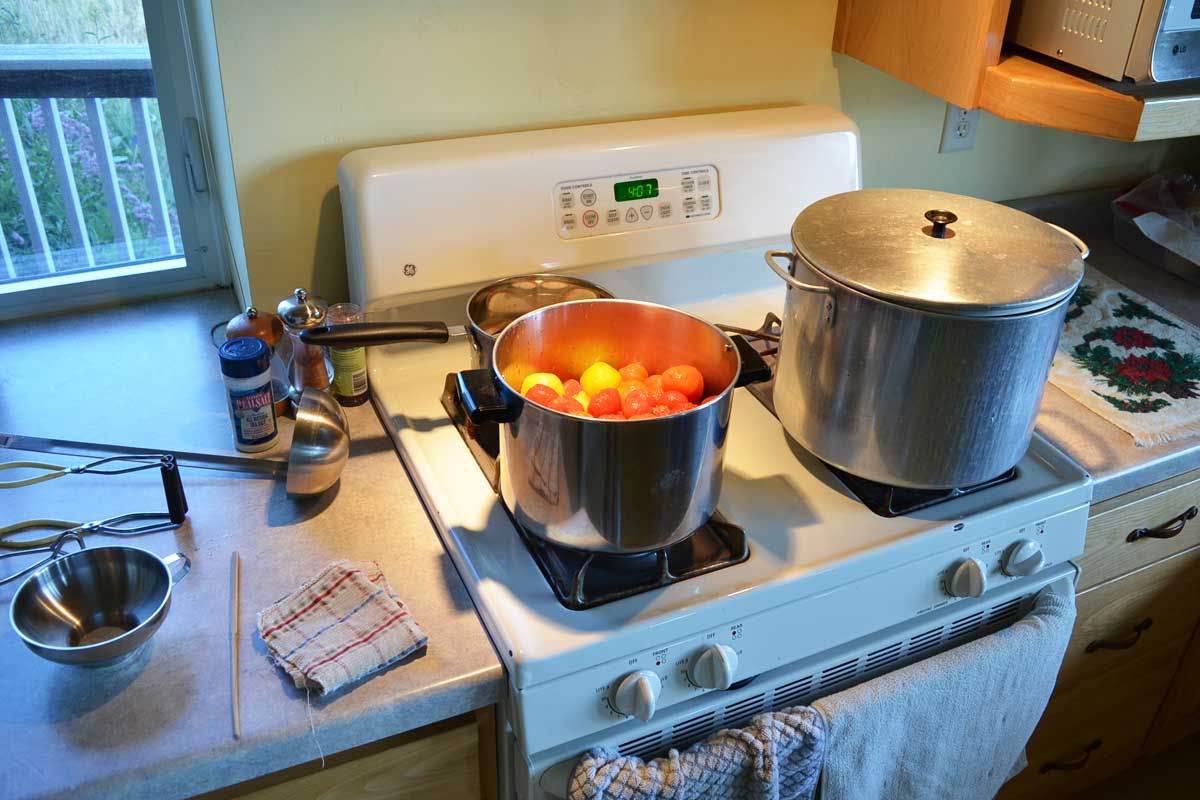 kitchen stove and surrounding counters with canning equipment