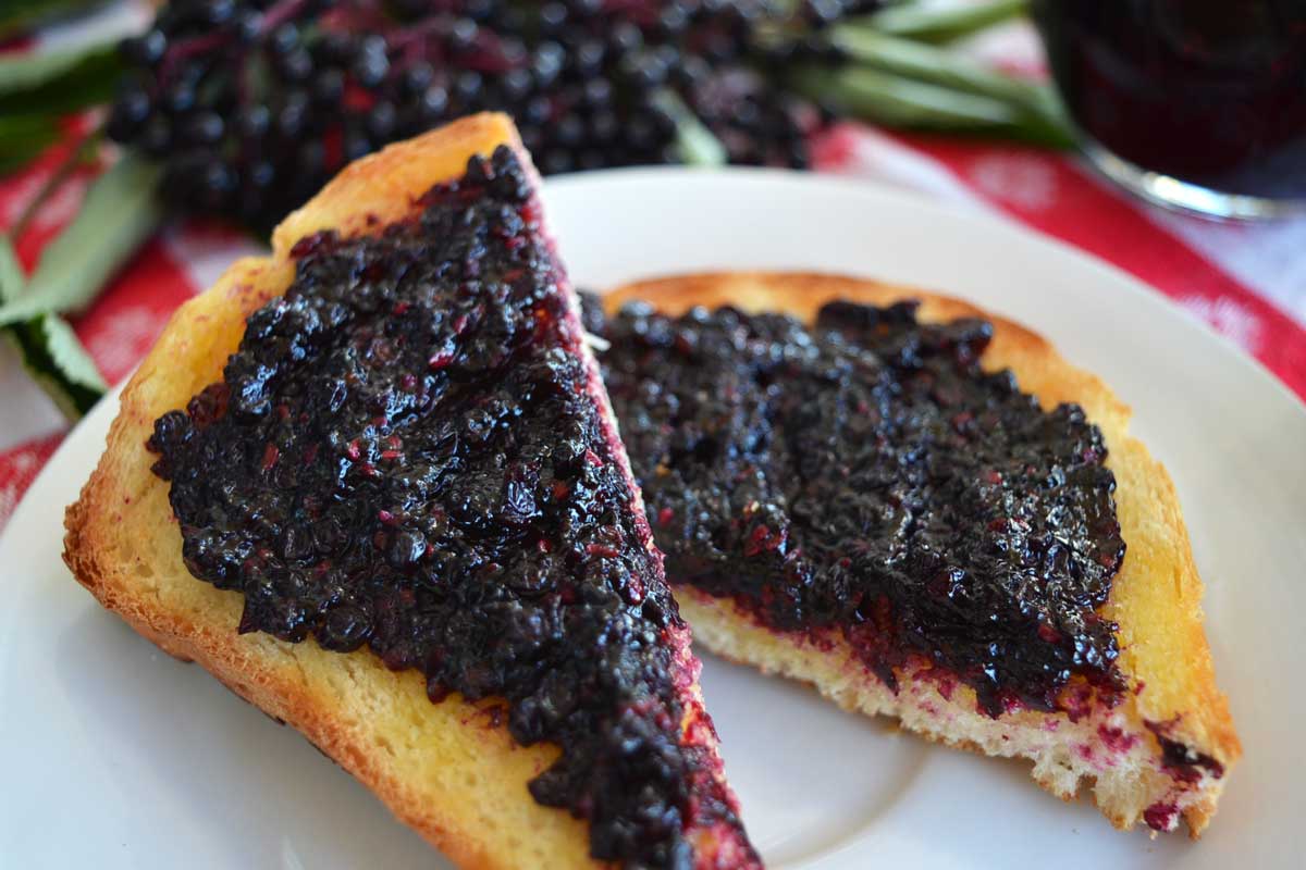 closeup of elderberry jam on toast