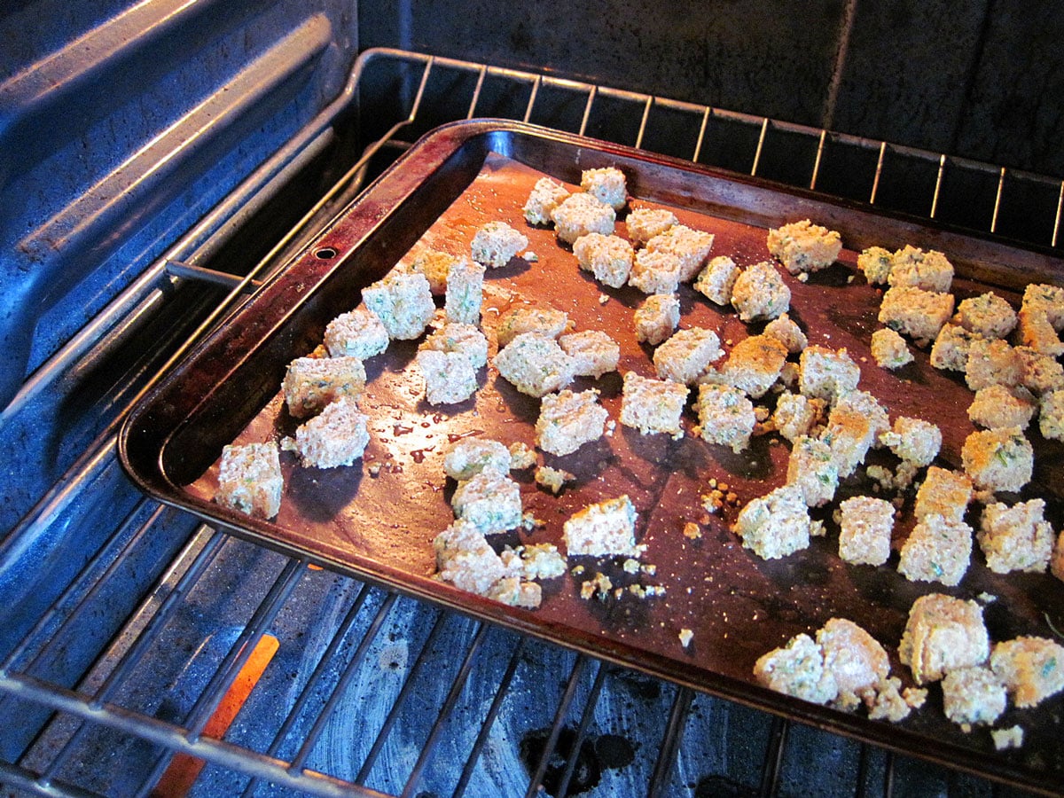 homemade croutons in oven