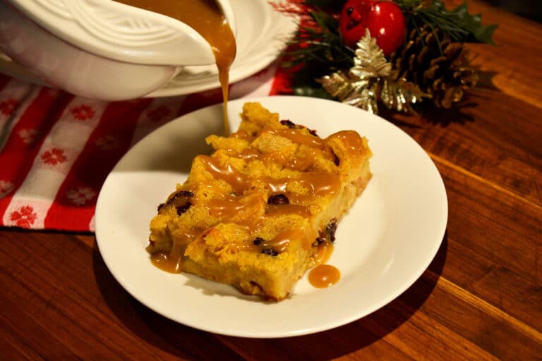 Christmas bread pudding with warm vanilla sauce