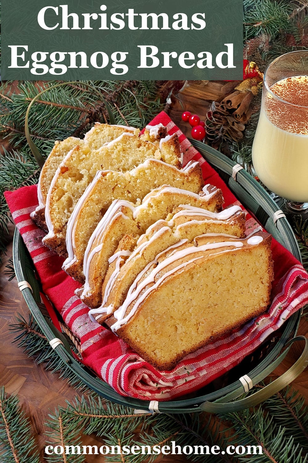 Christmas eggnog bread with glass of eggnog