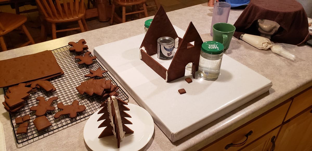 assembling the gingerbread house