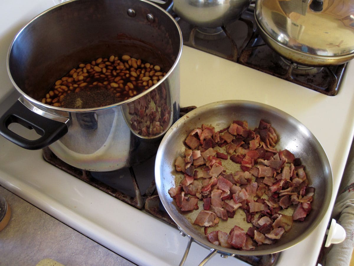 cooking bacon and beans