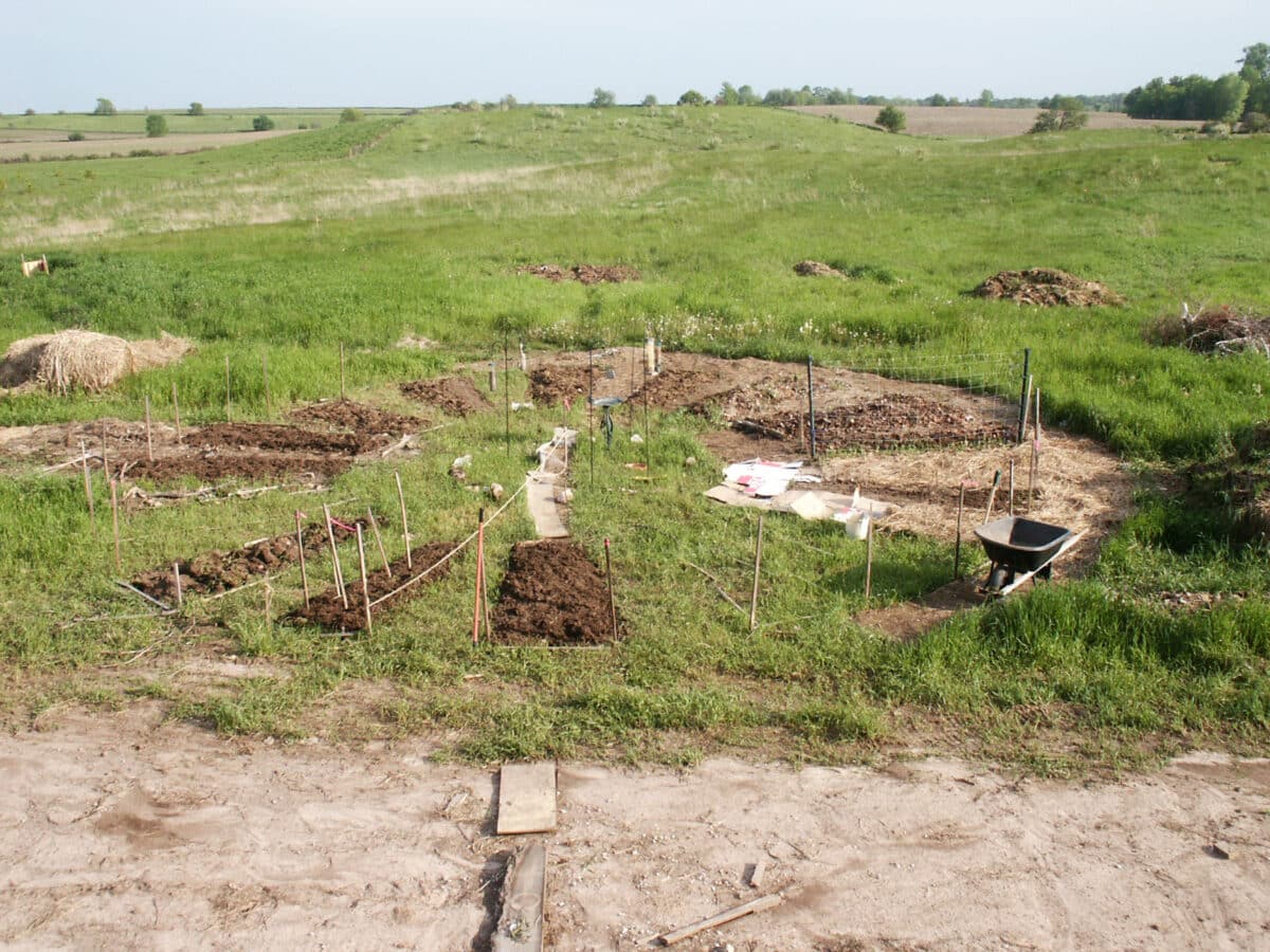 laying out the garden wheel beds with sticks and string
