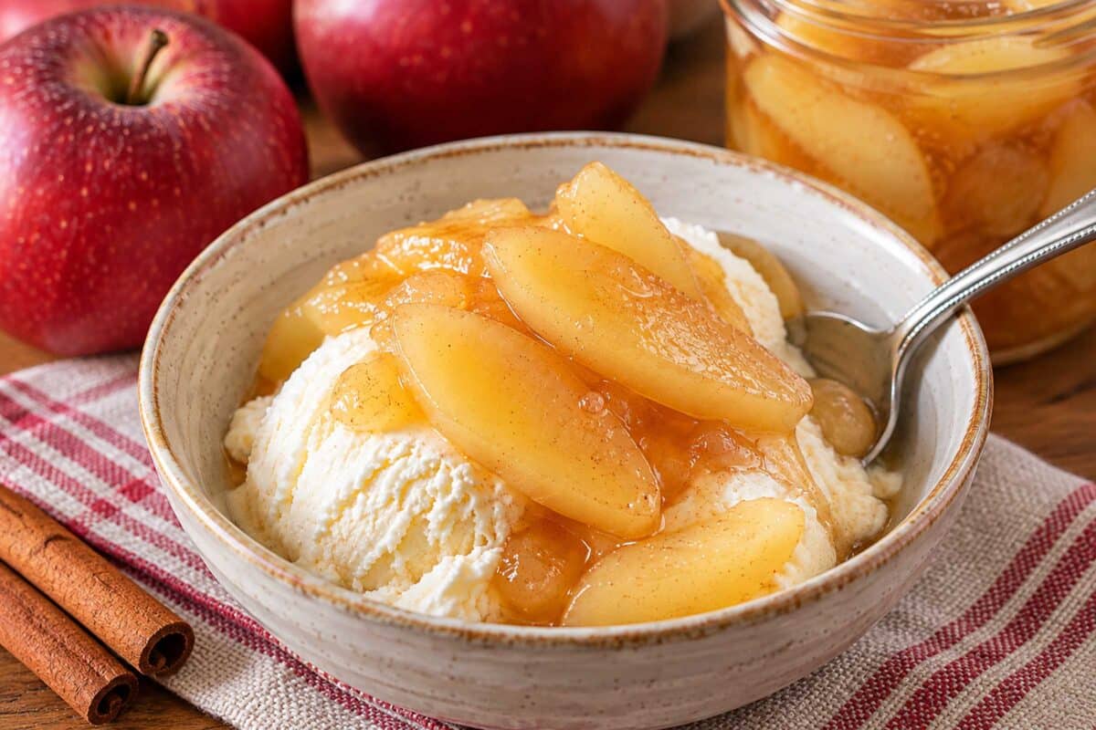 apple preserves on ice cream