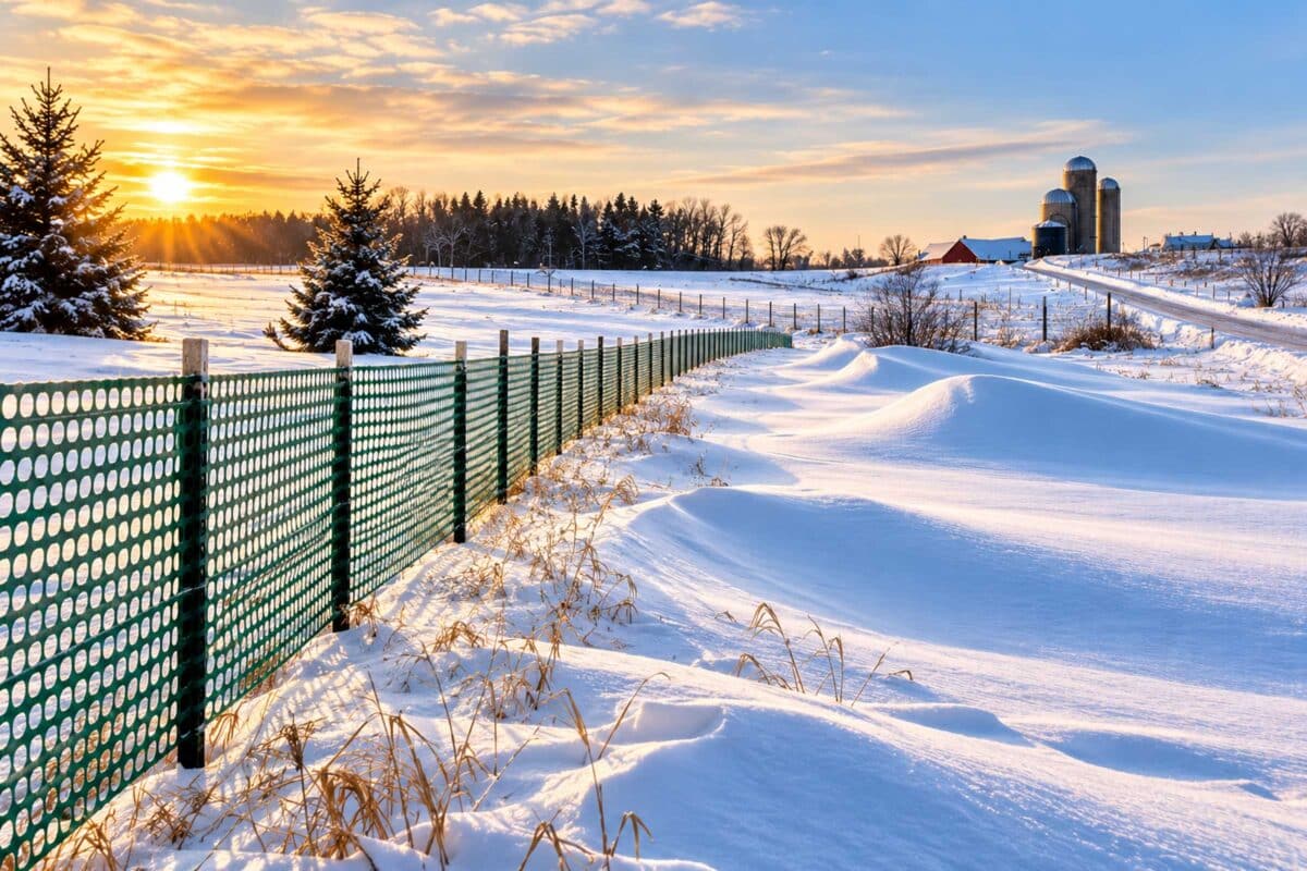 winter farm and snow fence